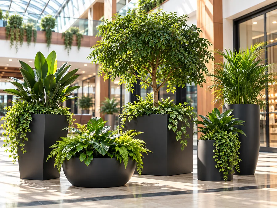 Moderne schwarze Pflanzgefäße in einem lichtdurchfluteten Atrium